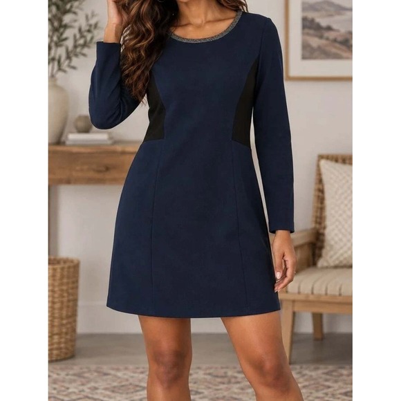 Maison Scotch Dresses & Skirts - Maison Scotch & Soda Navy Blue Long Sleeve Sheath Dress Metallic Trim Size 2